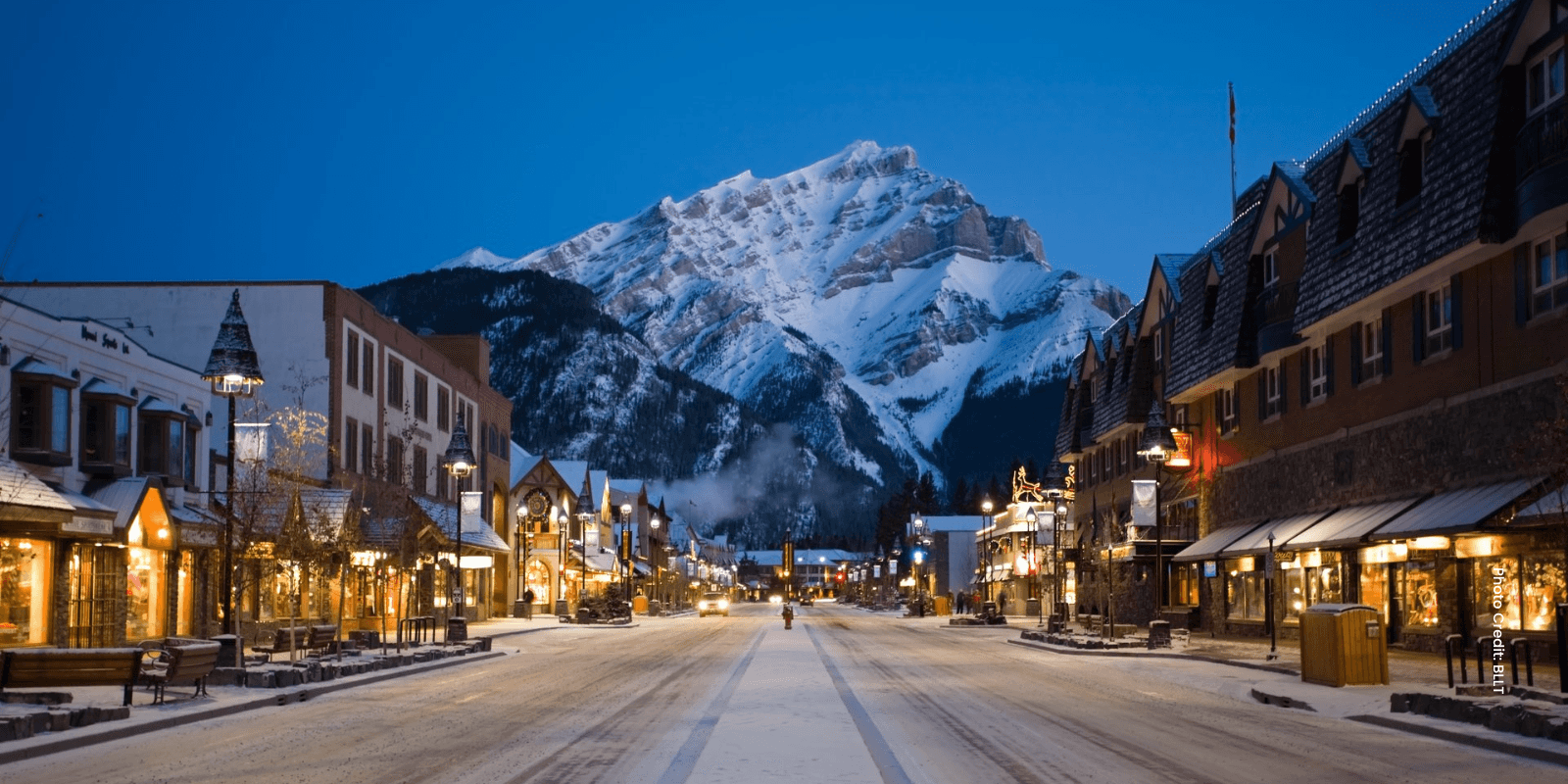 Banff Avenue in winter looking towards Cascade Mountain. Photo courtesy of BLLT. Banff Avenue in winter looking towards Cascade Mountain. Photo courtesy of BLLT.